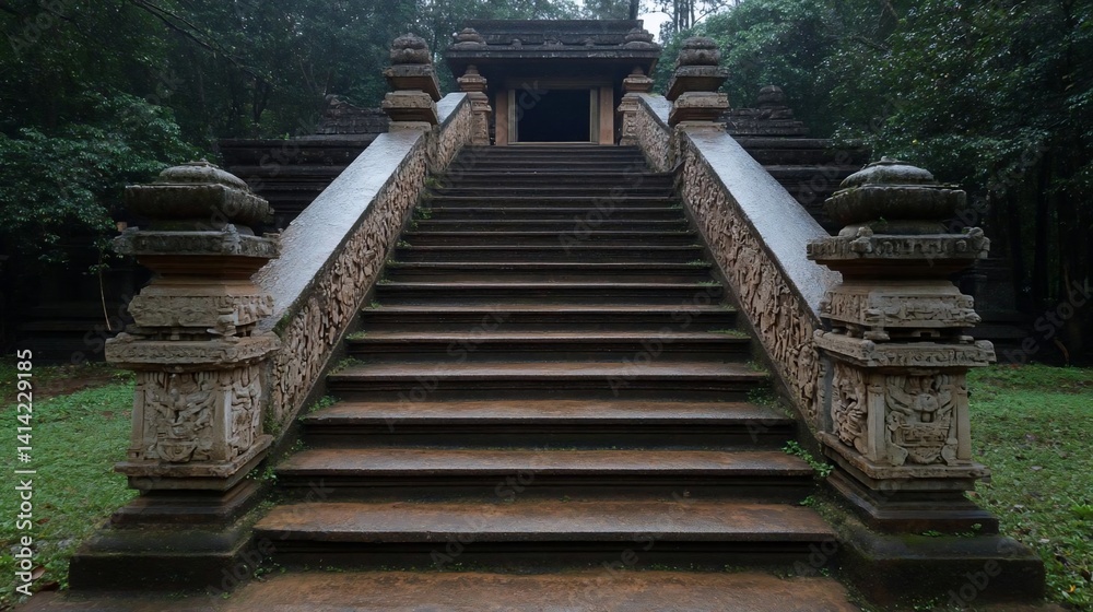Aufkleber ancient stone staircase ascending towards a temple entrance surrounded by lush green trees creating 