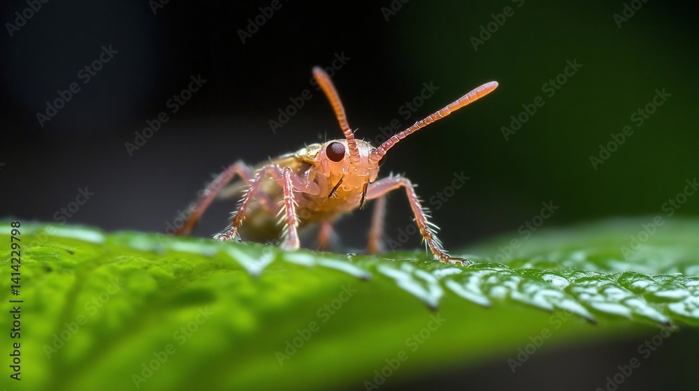 Poster close-up view of a small insect on a green leaf showcasing intricate details and natural textures. t