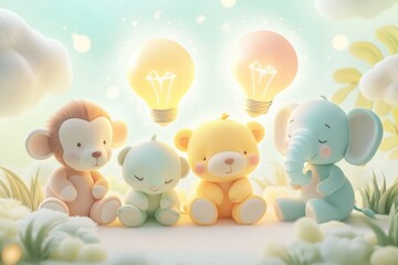 Fototapeta premium Adorable baby animals, monkey, bear, elephant, and bunny, sitting together under glowing lightbulbs, symbolizing creative ideas.