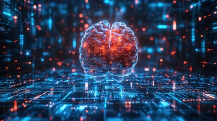 Fototapeta premium Glowing digital brain with neural network in futuristic cyber environment
