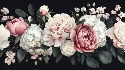 Elegant floral arrangement with peonies and hydrangeas on black background