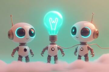 Two cute robots collaborate, connected by a wire to a glowing lightbulb, symbolizing teamwork and innovation.