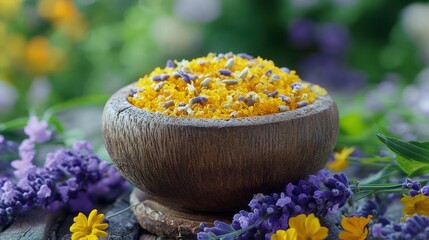 Rustic wooden bowl with bright yellow and purple flowers on natural table