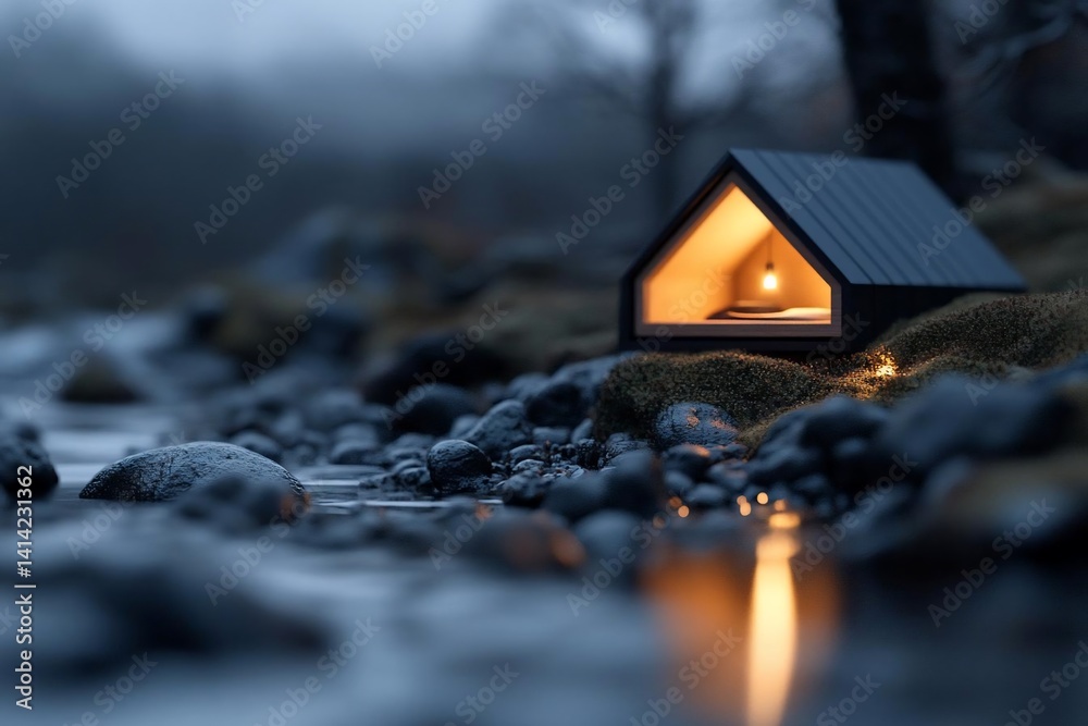 Aufkleber Miniature illuminated cabin model on mossy ground beside a flowing stream with blurred background atmospheric scenery and soft light glow