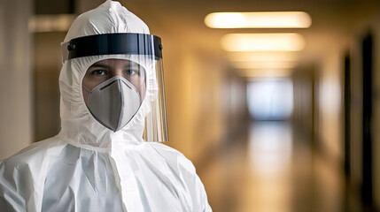 Medical Personnel in Protective Clothing in Hospital Corridor. AI Generated Images.