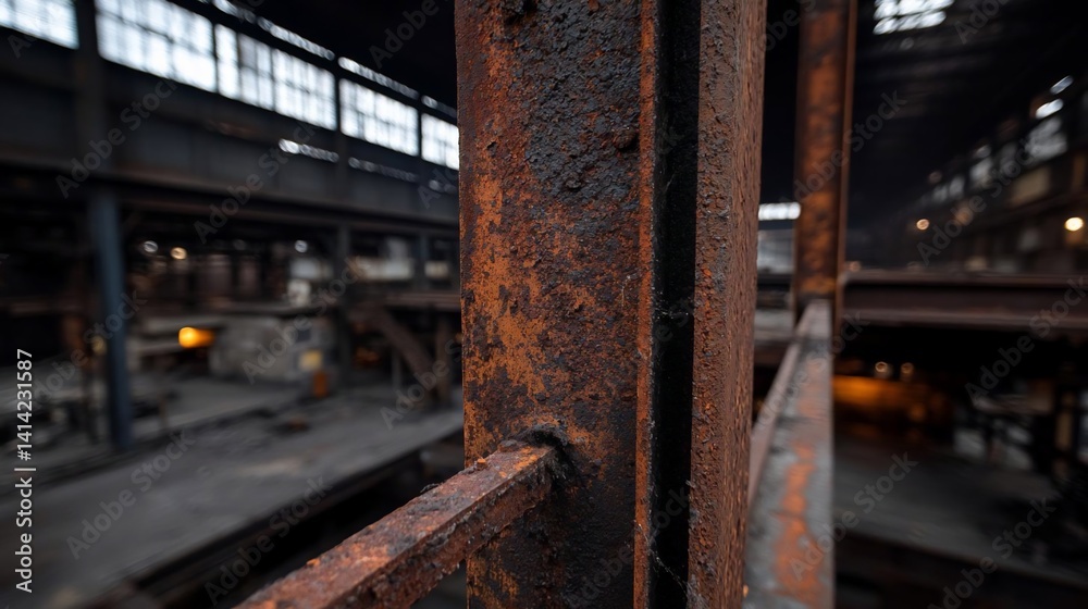 Poster close up view of rusted metal structure in abandoned industrial building. the image highlights textu