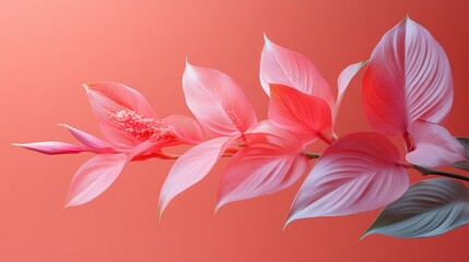 Fototapeta premium Elegant pink tropical flowers against vibrant coral background