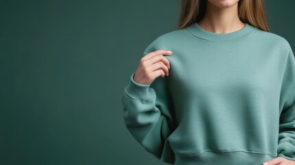 Young caucasian female in green sweatshirt against green background