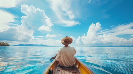 Fototapeta premium Solitary Boat Gently Drifting in a Calm Ocean, Capturing the Stillness, Serenity, and Beauty of Open Water