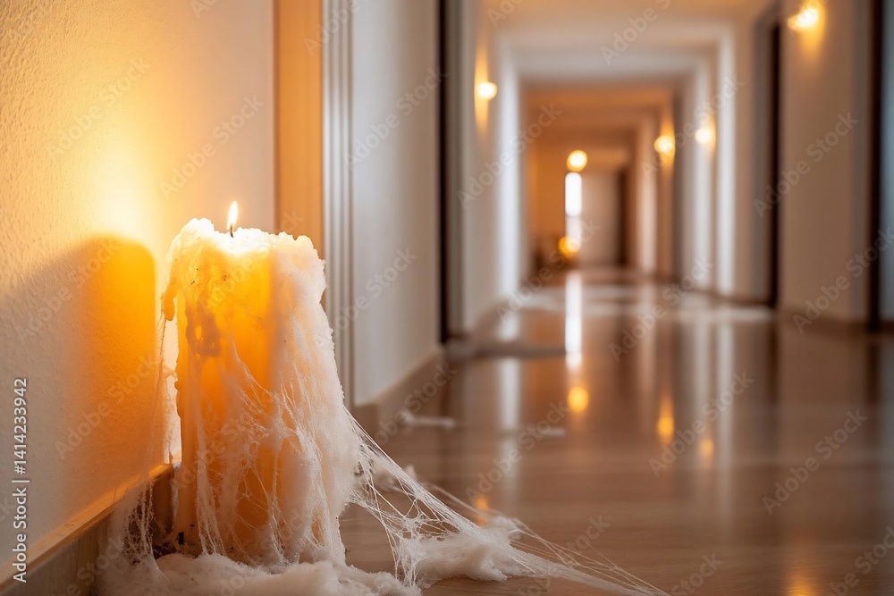 Aufkleber A large lit candle with melting wax sits against a wall.  A long, empty hallway extends into the background with warm light from the end