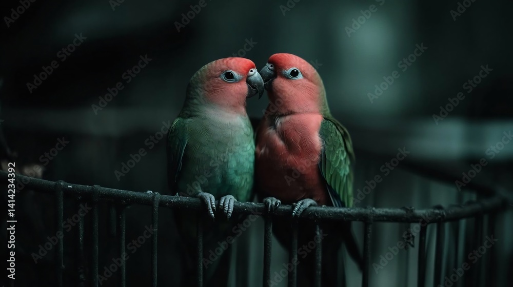 Aufkleber two colorful birds perched close together on a dark background. the birds have red heads green wings