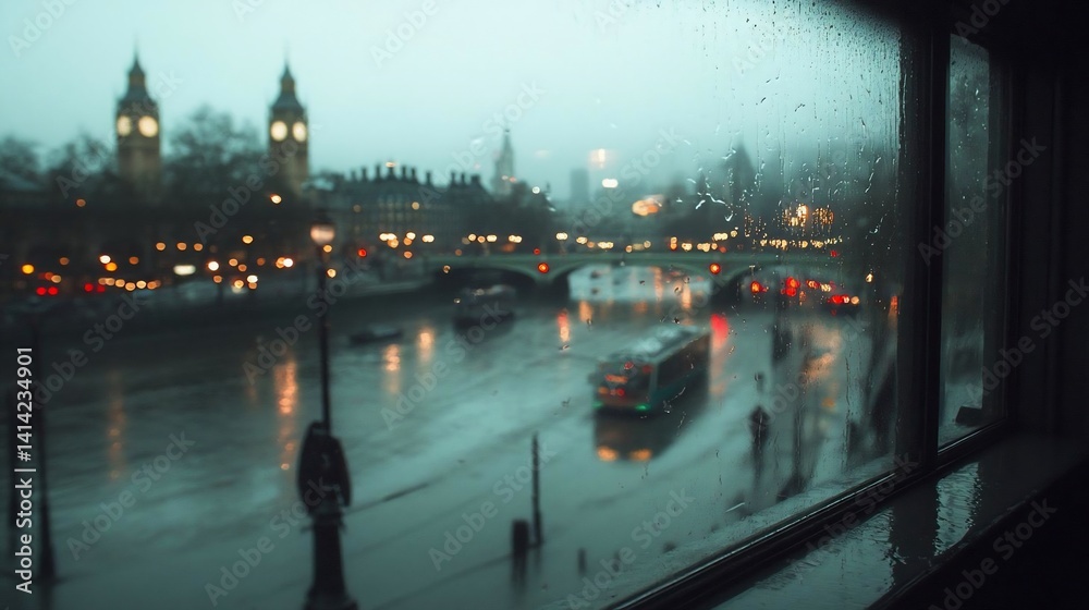 Poster rainy cityscape view from window includes a river with street lights and vehicles reflections on the