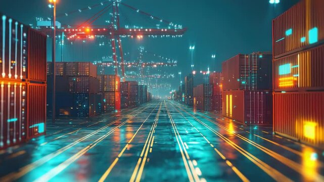 Futuristic cargo tracking system with real time monitoring in container yard. scene showcases advanced logistics technology and efficiency.