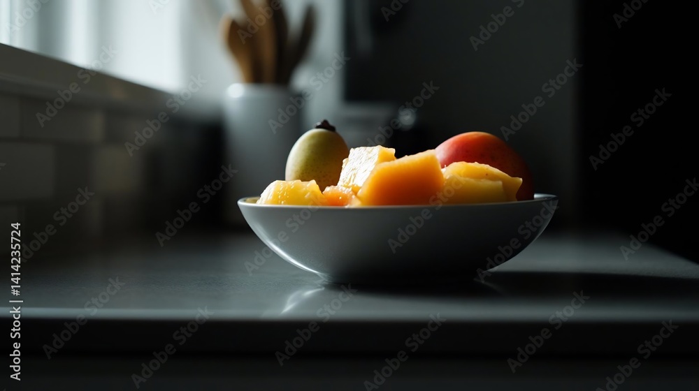 Poster a white bowl filled with a variety of colorful cut fruits sits on a gray countertop with a window ba