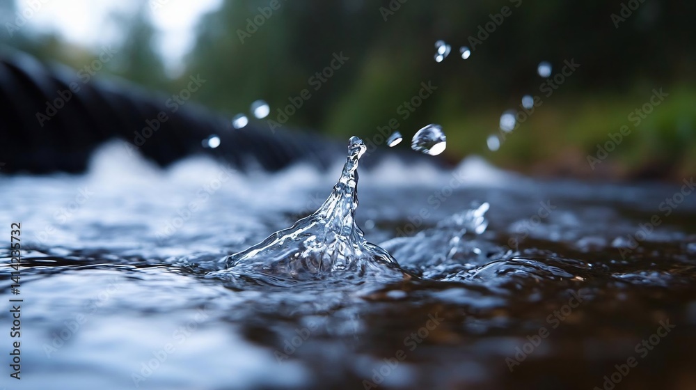 Aufkleber Close-up capture of water droplets creating a splash in a river with blurred green forest background emphasizing nature and motion