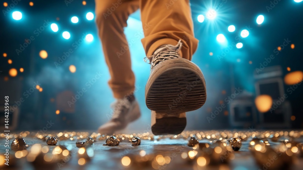 Aufkleber Close up view of person walking on a stage covered in small golden objects under blue spotlights creating a dynamic and vibrant atmosphere