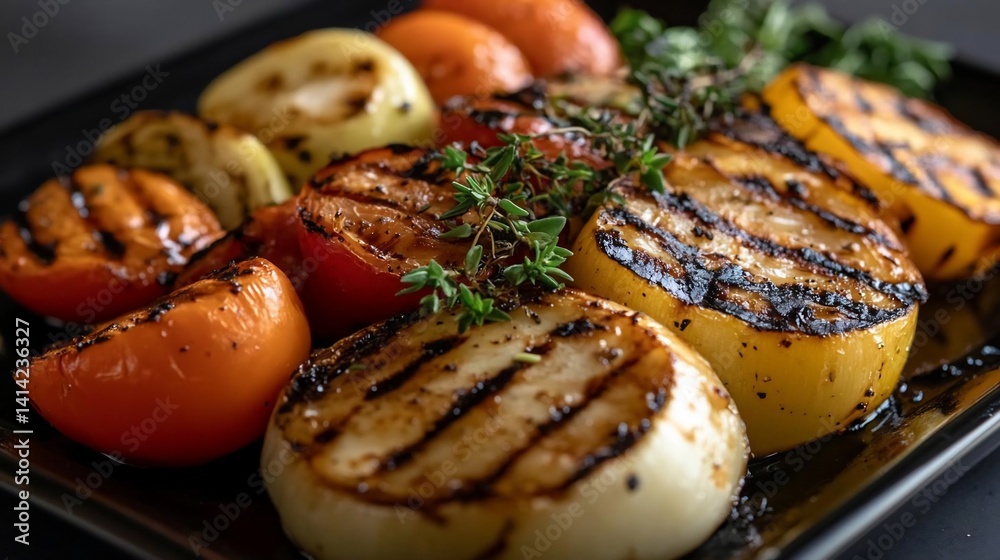 Poster grilled vegetables arranged on a black plate with thyme sprigs and char marks, showcasing a close-up