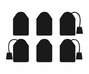 Six simple, solid black silhouettes of tea bags, each with a string and a small, teardrop-shaped tea bag.