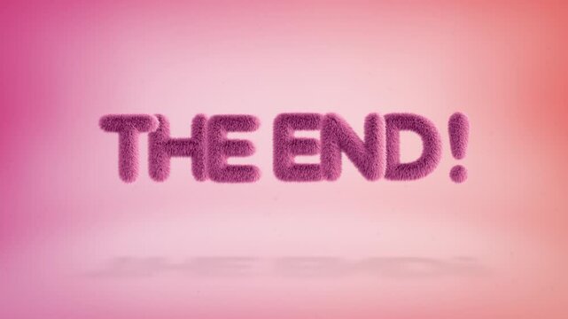 The end text of 3D pink fluffy letters on a simple gradient background with particles. Looped animation