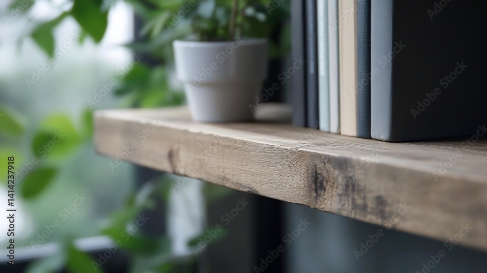 Poster close-up view of a wooden shelf holding books and a small potted plant against a blurred background 