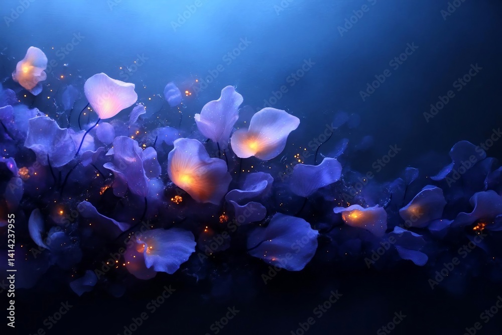 Aufkleber abstract floral design with luminous petals. glowing orange cores illuminate the dark blue backgroun