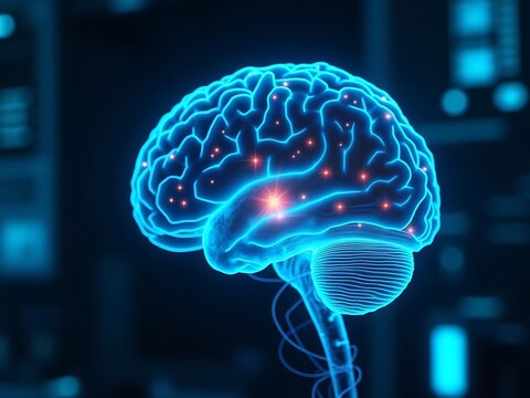 A Luminous Blue Transparent Human Head Profile Shows Active Neuronal Pathways And The Brain Structure Against A Dark Background With Digital Elements, Brain Mapping, Neuroscience Technology, Artificia