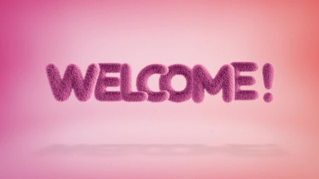Welcome text of 3D pink fluffy letters on a simple gradient background with particles. Looped animation