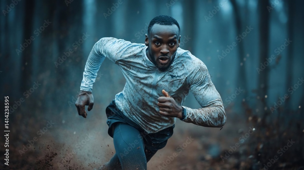 Aufkleber focused runner sprinting on a muddy forest trail with a blurred background and a determined expressi