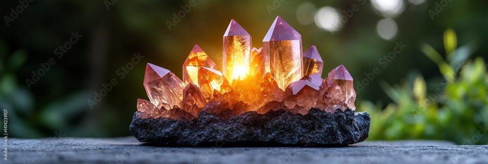 Aufkleber close-up of a cluster of illuminated crystals. the crystals are in shades of orange and purple with 