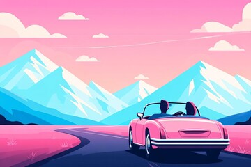 Naklejka premium A stylish pink convertible car driving through scenic mountains in vibrant colors.