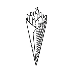 French Fries in Paper Packaging Line Art Engraving Style