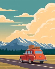 Obraz premium A vintage car drives through a scenic mountain landscape with clouds above.