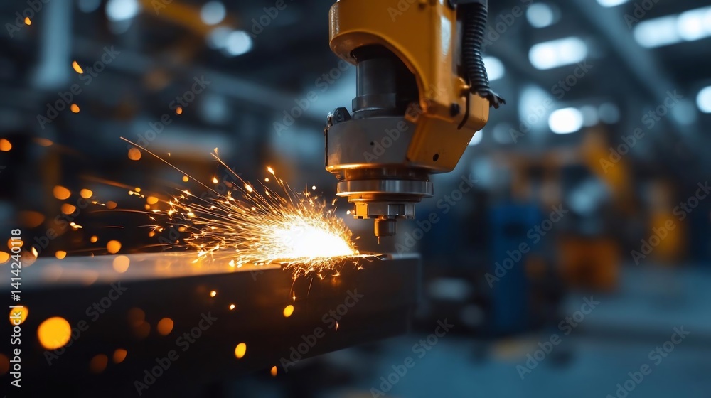 Aufkleber Industrial robotic arm in operation cutting metal emitting sparks in a factory setting. The image features a close-up of the action. The lighting is focused and the environment is blurred