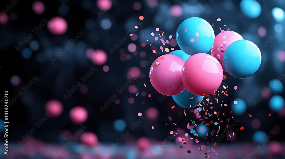 Poster Vibrant composition of floating spherical objects in pink and teal colors with scattered confetti against a blurred dark background with bokeh effect