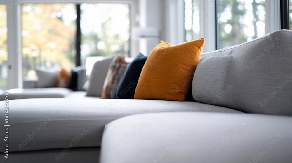 Aufkleber close-up shot of a modern grey sectional sofa with decorative pillows in various colors orange navy 