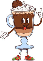 Cartoon groovy chocolate frappe dessert character. Isolated vector elegant cocktail drink glass personage with a smile, topped with chocolate cookie and whipped cream, wears retro hippie y2k sneakers