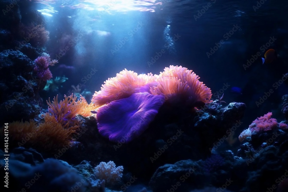 Poster Underwater scene showcasing vibrant coral and anemones illuminated by sunlight filtering through the water creating a mesmerizing aquatic environment