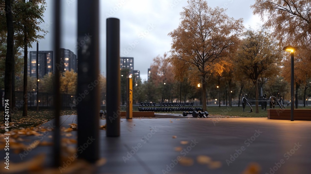 Aufkleber Autumn park scene with wet pavement and golden leaves. Tall cylindrical structures in the foreground lead to blurred trees buildings and ambient streetlights creating a tranquil atmosphere