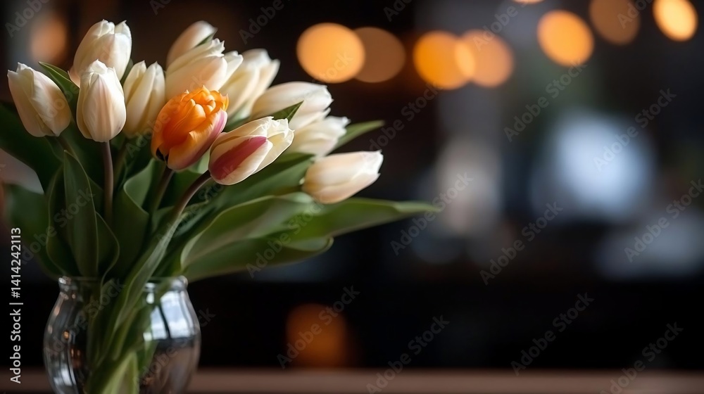 Aufkleber vase of white and orange flowers with green leaves set against a blurred background of warm bokeh li