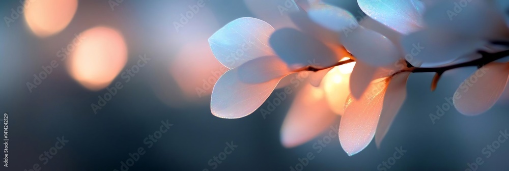 Fototapete Close up image of generic leaves with sparkling details against a blurred background creating a soft dreamy aesthetic and warm bokeh lights effect. The image evokes a sense of ethereal beauty and