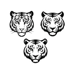  Set of tiger head illustrations in black and white. Tiger head design on white background.Tiger set logo vector icon Silhouette of a tiger head isolated on white background.