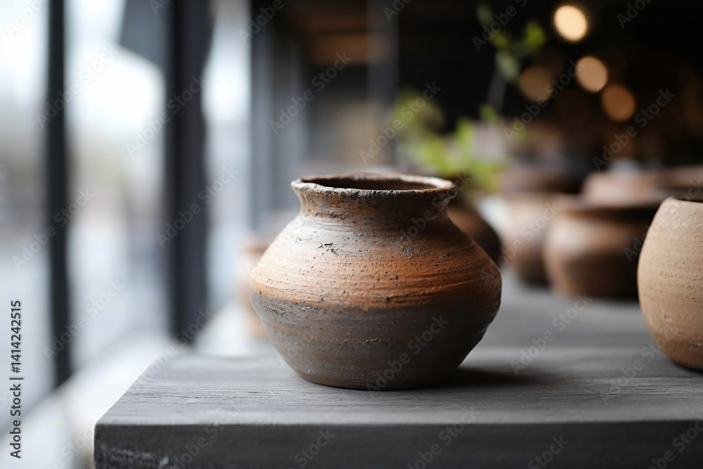 Poster close-up shot of handcrafted ceramic vase with textured surface and rustic design on a wooden table 
