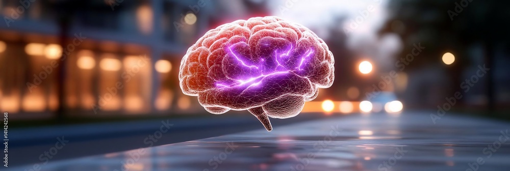 Aufkleber glowing brain overlaid on city street concept illustration with digital technology and blurred backg
