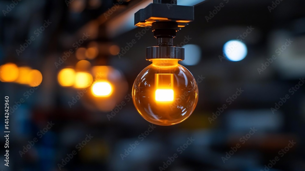 Poster Close-up shot of several illuminated light bulbs hanging in a row displaying a warm glowing orange color against a blurred dark background in indoor setting