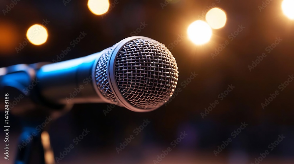 Aufkleber close-up of a silver microphone on a stand with blurred warm lights in the background creating a sta