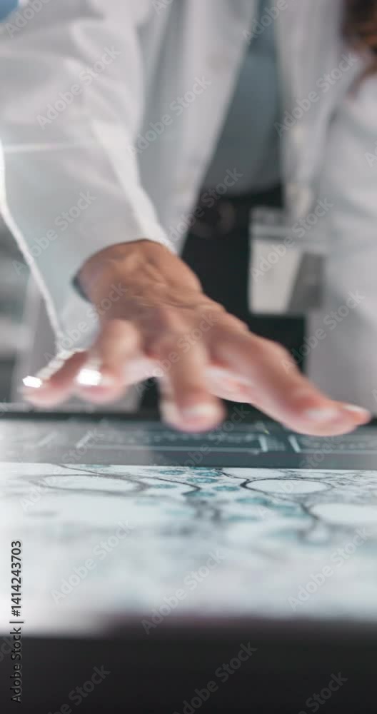 Poster Hands, scientist and screen in lab for research, microbiology test and experiment with virus analysis. Medical science, person and interactive display for innovation, medicine development and study