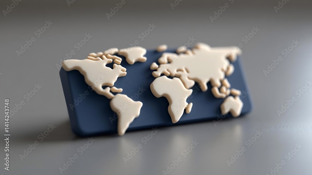 Poster A 3D rendering of a world map miniature in beige and blue colors. The map is slightly tilted against a gray background, creating a minimalist yet informative visual