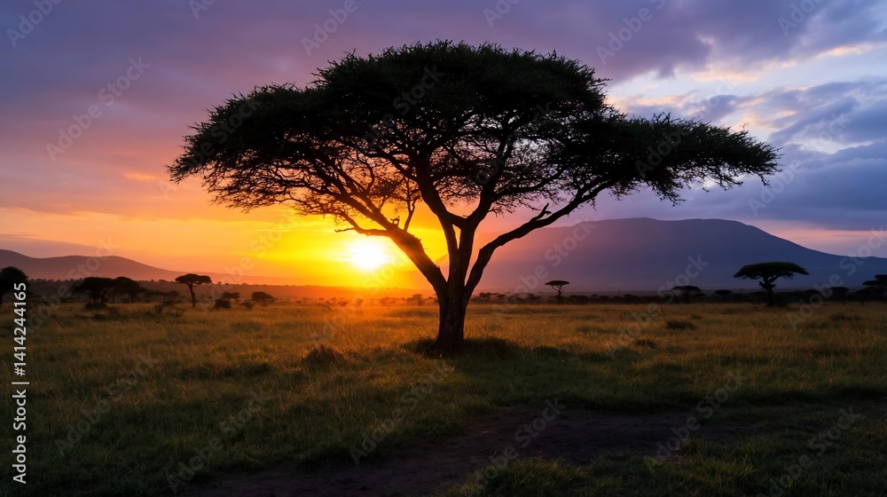 Poster silhouette of a tree against a vibrant sunset illuminating the generic landscape creating a warm atm