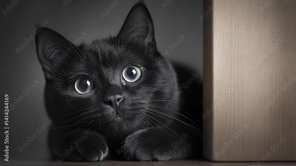 Poster close-up of a black cat with large eyes peering out from behind a wooden structure. the cat is in gr