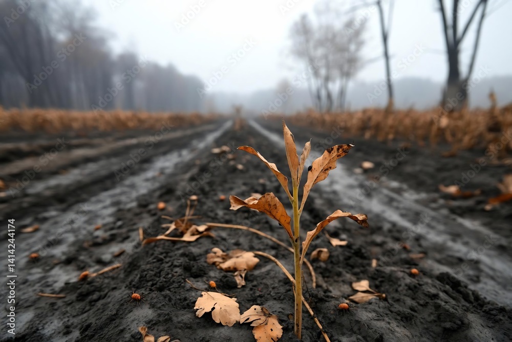 Poster Low angle view of a field in moody day. Brown leaves and black soil are main visual elements. Trees create a backdrop of the foggy atmosphere